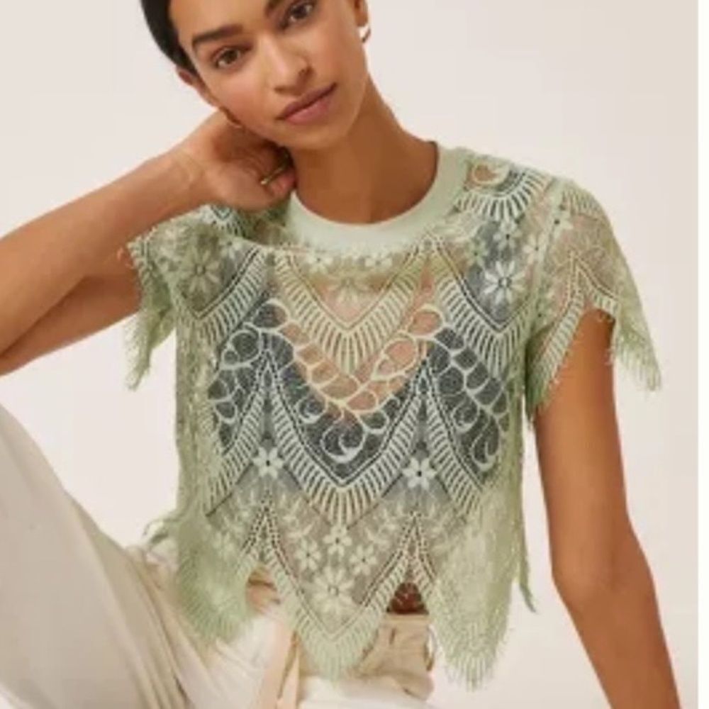 Anthropologie Bishop + Young  Jasmine Pale Green Sheer Lace Top ‎ Sz XS